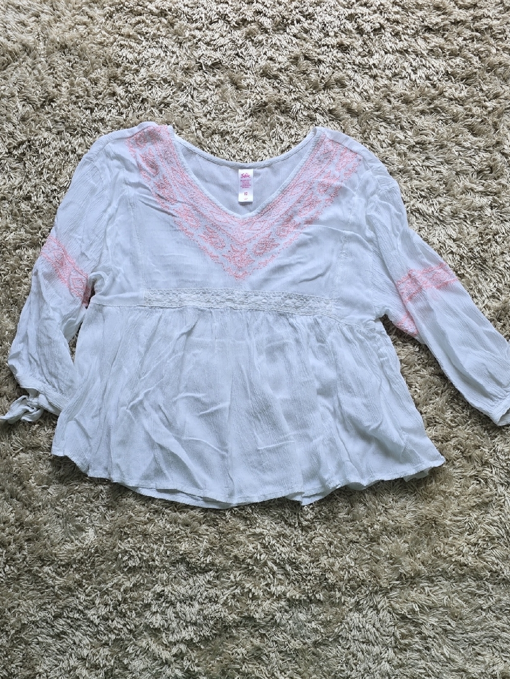 Justice White Peasant Top with Pink Embroidery